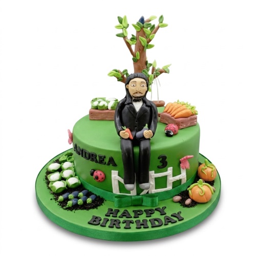 Green fondant cake with a gardener character, vegetables, tree, fence, and custom age topper.