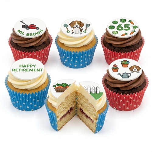 Assortment of retirement cupcakes with gardening tools, vegetables, and beagle dog toppers.