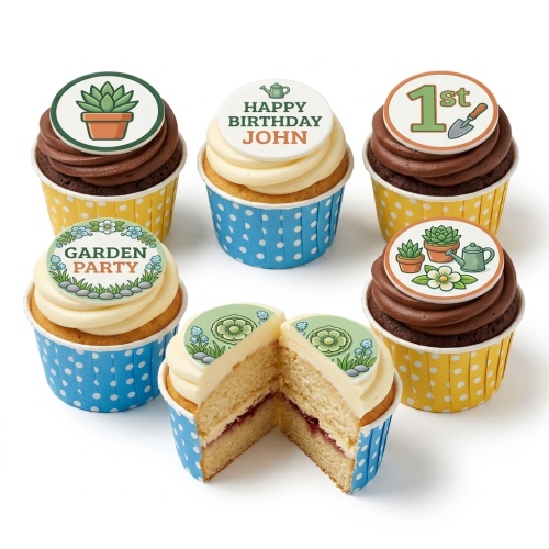 Selection of cupcakes with gardening themed toppers, including potted plants, watering can, spade, and flowers.