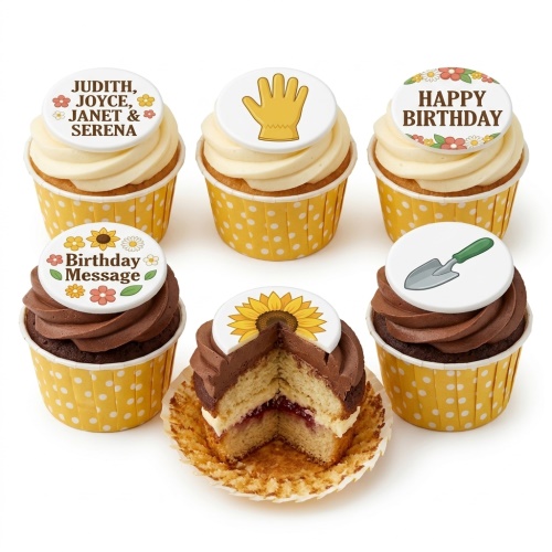 A selection of cupcakes with yellow polka dot wrappers and white edible toppers featuring gardening gloves, spades, sunflowers, and floral 'Happy Birthday' and 'Birthday Message' designs.