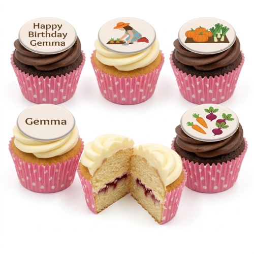 Cupcakes with gardening theme toppers, showing a gardener, pumpkins, leeks, carrots, and beetroots.