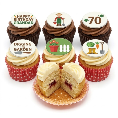 Gardening theme birthday cupcakes with edible toppers featuring a gardener, tools, and custom age.
