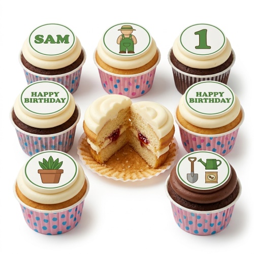 Assorted gardening theme birthday cupcakes with a gardener, plant, shovel, watering can, custom name, and age toppers.