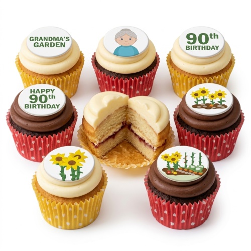 A selection of vanilla and chocolate cupcakes with garden and sunflower themed edible toppers, some with 'Grandma's Garden' and 'Happy Birthday' messages.