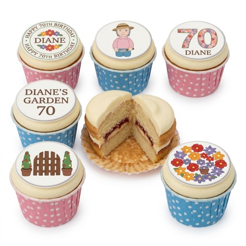 White iced cupcakes with floral and gardening themed edible toppers, some with custom age and text.