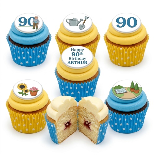 Cupcakes with gardening tools, sunflowers, garden scenes, and custom age toppers.