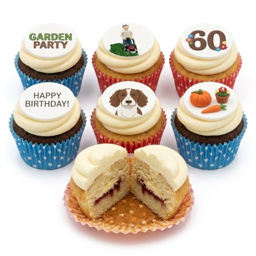 Assortment of garden theme birthday cupcakes with a man mowing, dog, pumpkin, and custom age topper.