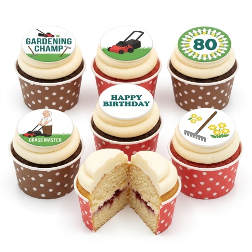 Six cupcakes with white frosting and gardening themed edible toppers, including a custom age topper and lawnmowers.