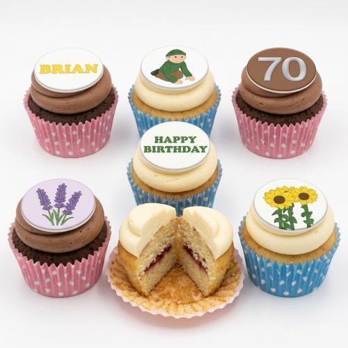 Assortment of gardening and floral themed birthday cupcakes with custom age and message toppers.