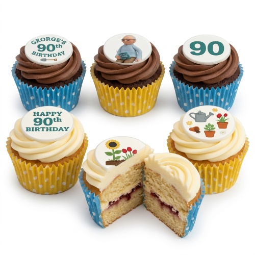 A set of six gardening-themed birthday cupcakes with chocolate and vanilla frosting, featuring custom age and garden decorations.