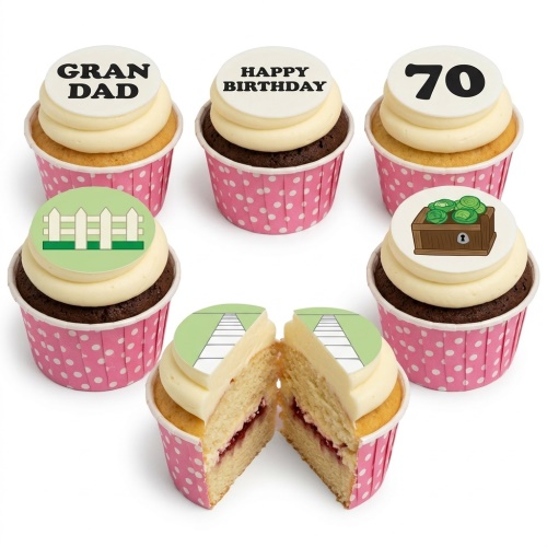 Six retirement themed cupcakes with white and green toppers, including a picket fence, path, treasure chest, and custom age/message examples.