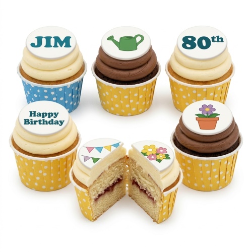 Vanilla and chocolate cupcakes with gardening and floral toppers, custom age, and personalised name.