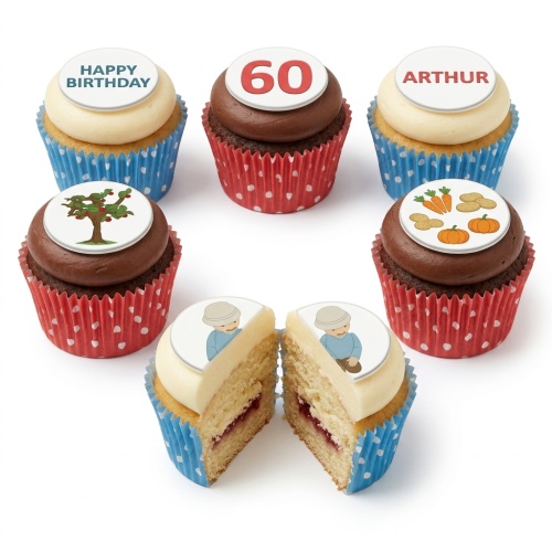 Assortment of birthday cupcakes with gardening theme toppers, including a tree, vegetables, and a man in a hat, with custom age and name examples.
