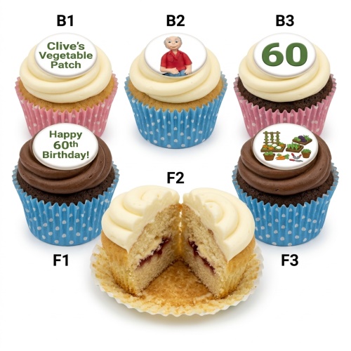 Cupcakes with gardening theme toppers, including a gardener character, vegetable patch, and custom age/message examples.