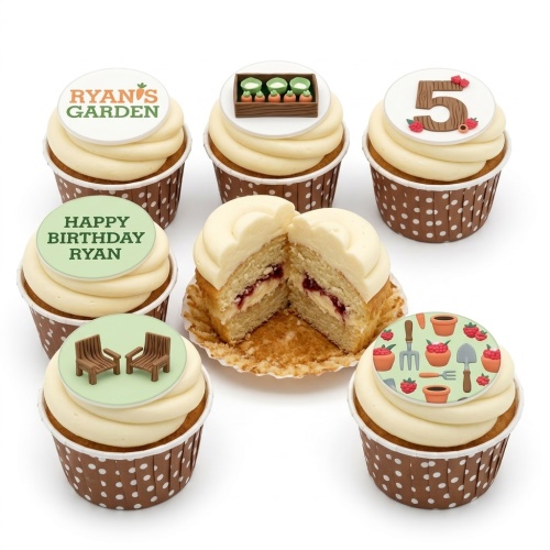 Assortment of gardening theme cupcakes with custom age topper and garden tool decorations.