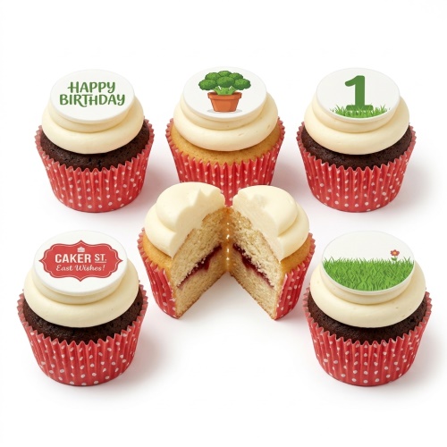 A selection of birthday cupcakes with cream frosting, red polka dot wrappers, and customisable toppers including 'Happy Birthday' and a number '1'.