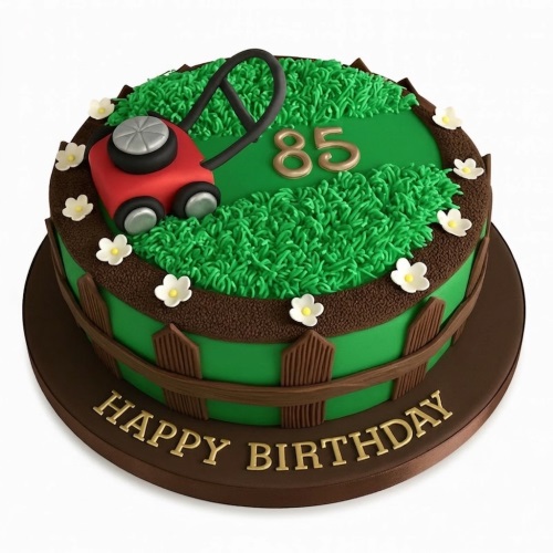 Round green and brown gardening themed birthday cake with a red lawnmower, white flowers, picket fence, and custom age topper.