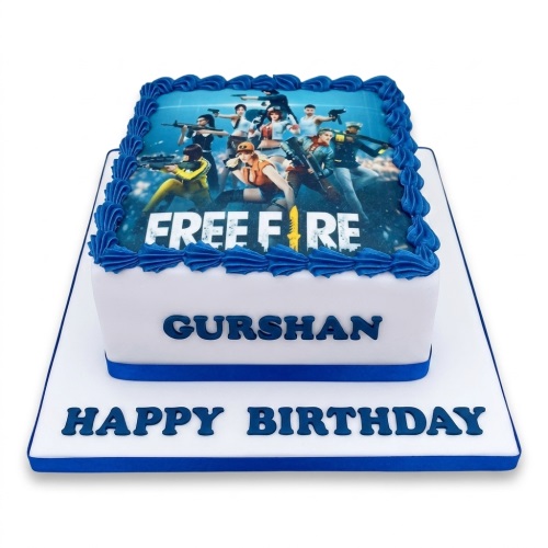 White square Free Fire gaming birthday cake with edible character image and blue piping, personalised.