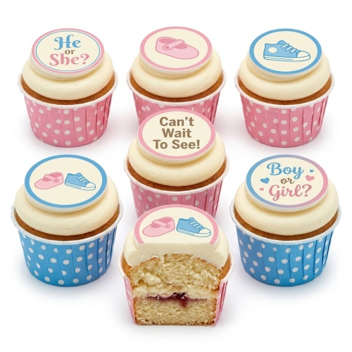White frosted cupcakes with pink and blue baby shoe and "He or She?" gender reveal toppers.