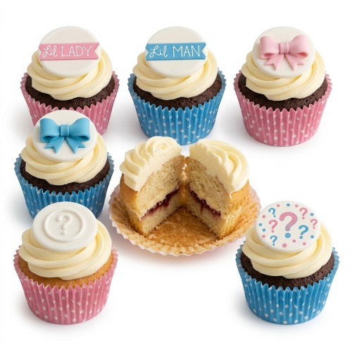 Gender reveal cupcakes with pink and blue bows, 'Lil Lady', 'Lil Man', and question mark toppers.