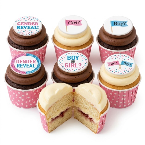 Gender reveal cupcakes with pink and blue toppers, some chocolate, some vanilla, in pink polka dot cases.