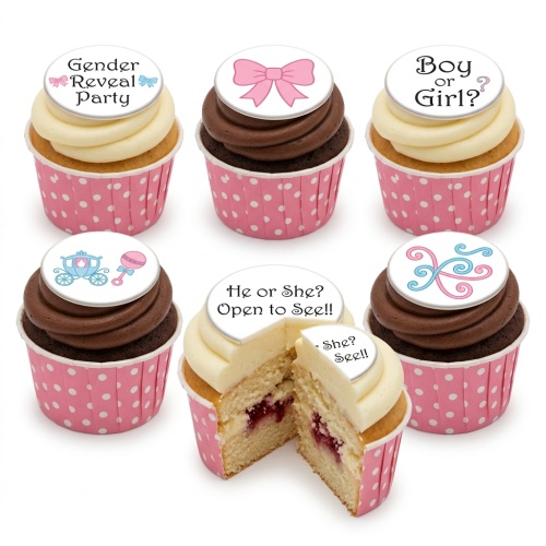 Gender reveal cupcakes with "Boy or Girl?" toppers and pink/blue themed decorations.