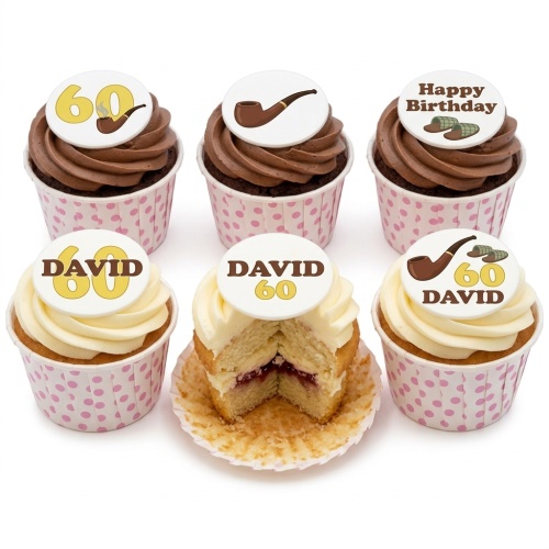 Gentleman's birthday cupcakes with pipe, deerstalker hat, and custom age/name toppers.