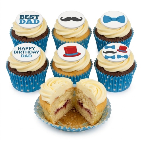 A selection of cupcakes with white frosting and blue polka dot cases, topped with mustaches, bow ties, top hats, and 'Best Dad' and 'Happy Birthday Dad' messages.