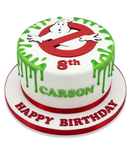 White Ghostbusters birthday cake with green slime drip and custom age.