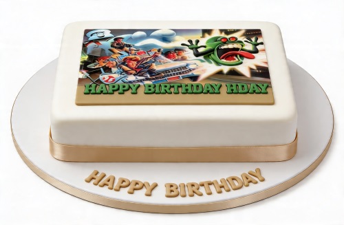 Square white Ghostbusters birthday cake with an edible image of the Ghostbusters team and Slimer, with a gold ribbon.