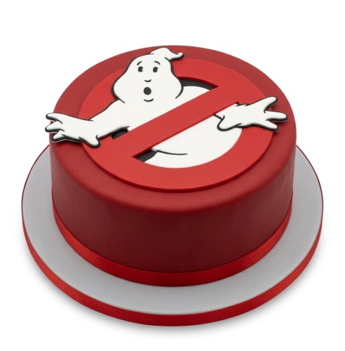 Round red Ghostbusters birthday cake with the iconic ghost logo topper.
