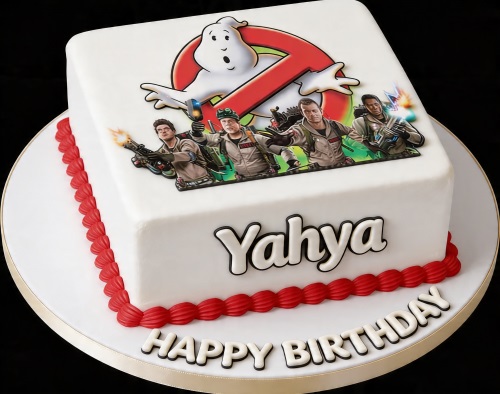White square Ghostbusters birthday cake with logo and characters, red piped border.