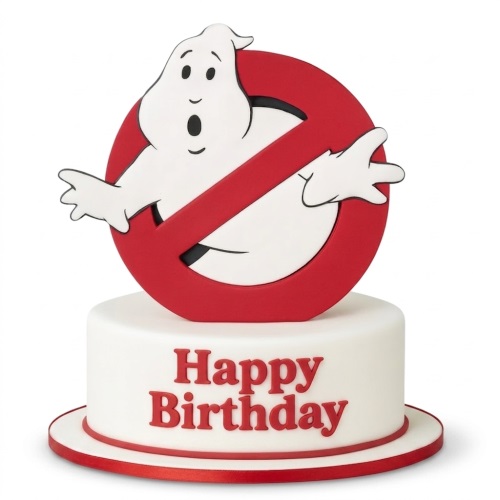 White round Ghostbusters birthday cake with red no-ghost logo topper and 'Happy Birthday' message.