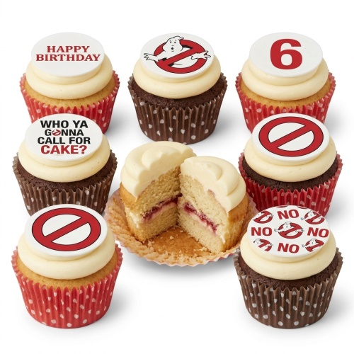 Ghostbusters themed cupcakes with logo toppers, "Happy Birthday" and "Who ya gonna call for cake?" messages, and a custom age topper.