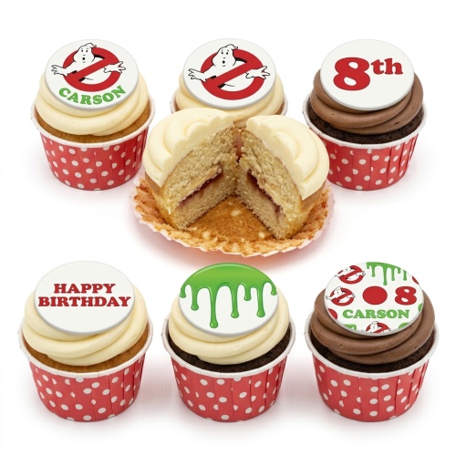Ghostbusters themed cupcakes with logo toppers, green slime, and custom age/name examples in red polka dot cases.