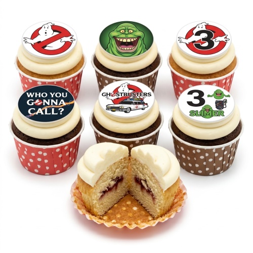 Ghostbusters themed cupcakes with Slimer, Ecto-1, and Ghostbusters logo toppers, including a custom age '3' example.