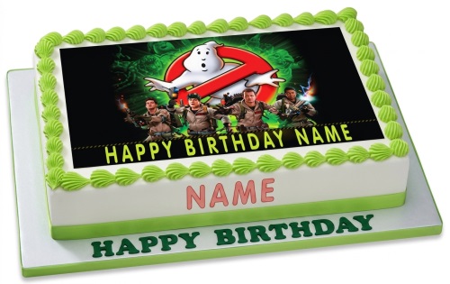 Rectangular Ghostbusters birthday cake with green piping, featuring the Ghostbusters logo and characters, with space for a custom name.