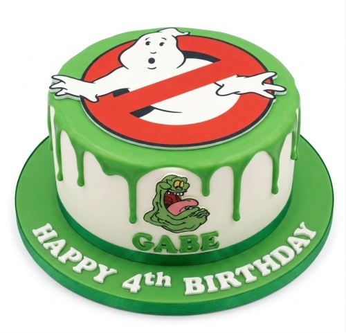 Round Ghostbusters birthday cake with green drip, logo, Slimer, and custom message.