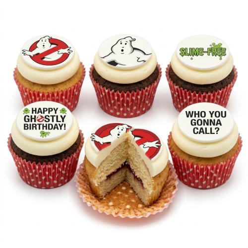 Ghostbusters themed cupcakes with logo, ghost, and birthday messages on white toppers.