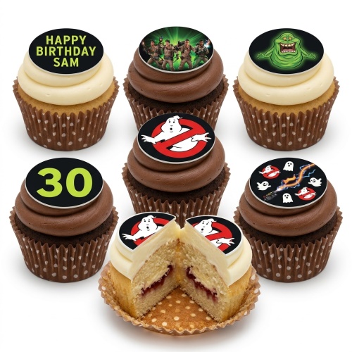 Ghostbusters themed cupcakes with characters, logo, Slimer, custom age 30 and "Happy Birthday Sam" toppers.