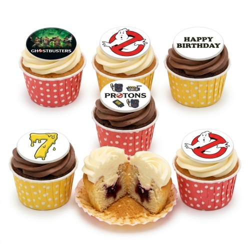Ghostbusters themed cupcakes with various toppers, including the 'no ghost' logo and a custom age '7'.