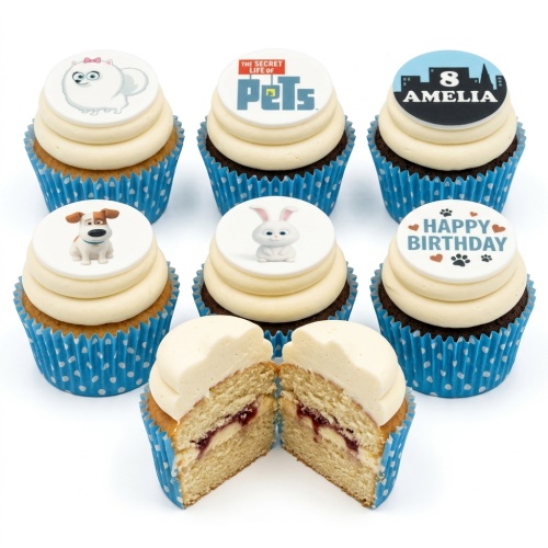Secret Life of Pets themed cupcakes with character toppers, movie logo, custom age, and 'Happy Birthday' message.