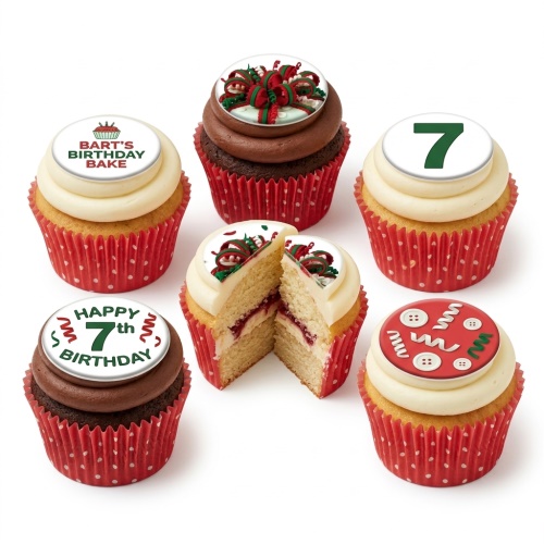 A selection of cupcakes with white and chocolate icing, red polka dot wrappers, and custom age and celebratory message toppers.