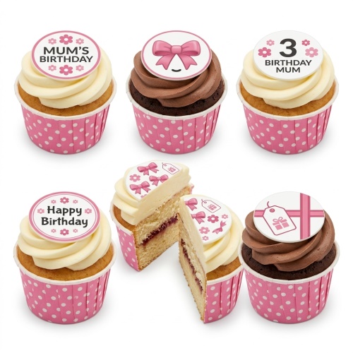 Assortment of pink polka dot cupcakes with white and chocolate frosting, topped with pink bows, flowers, and gift tags.