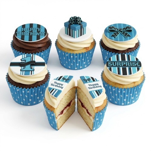 Blue and black birthday cupcakes with gift box, bow, and custom age toppers.
