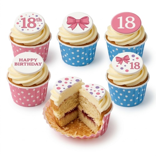 Vanilla cupcakes with cream frosting, pink and blue polka dot wrappers, and birthday toppers with bows and custom age.