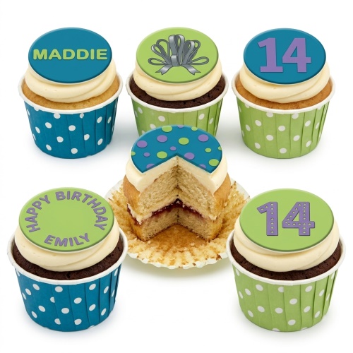 Variety of personalised birthday cupcakes with custom name, age 14, bow, and polka dot toppers.