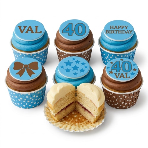 Assortment of blue and brown birthday cupcakes with custom age, name, bow, and star toppers.