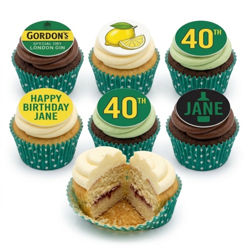 Six cupcakes with gin bottle, lemon slice, custom age, and personalised message toppers.
