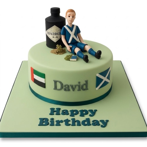 Light green round birthday cake with male figurine, Hendrick's gin bottle, UAE and Scottish flags.